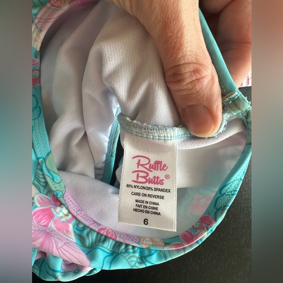 Ruffle Butts Pink Seersucker Rashguard and Tropical bottoms swim set - Picture 5 of 5